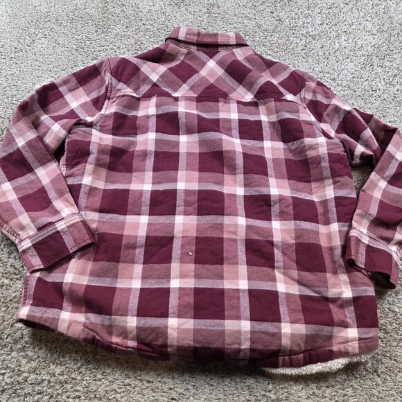 Eddie Bauer Flannel Shirt Jacket Womens XL Pink Red Plaid Sherpa Lined Button Up - Picture 5 of 5